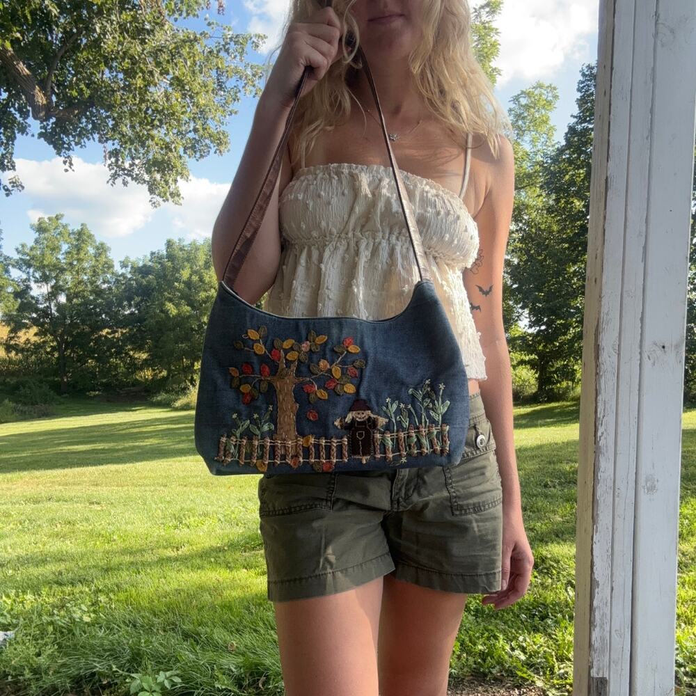 Vintage Cappelli Embroidered Denim Fall Autumn Scarecrow Purse Hobo Bag